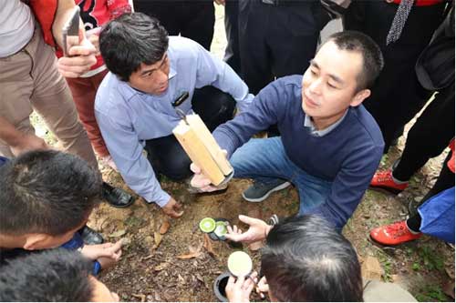 梁旭明老師正在指導學員土白蟻外環境的誘殺圖